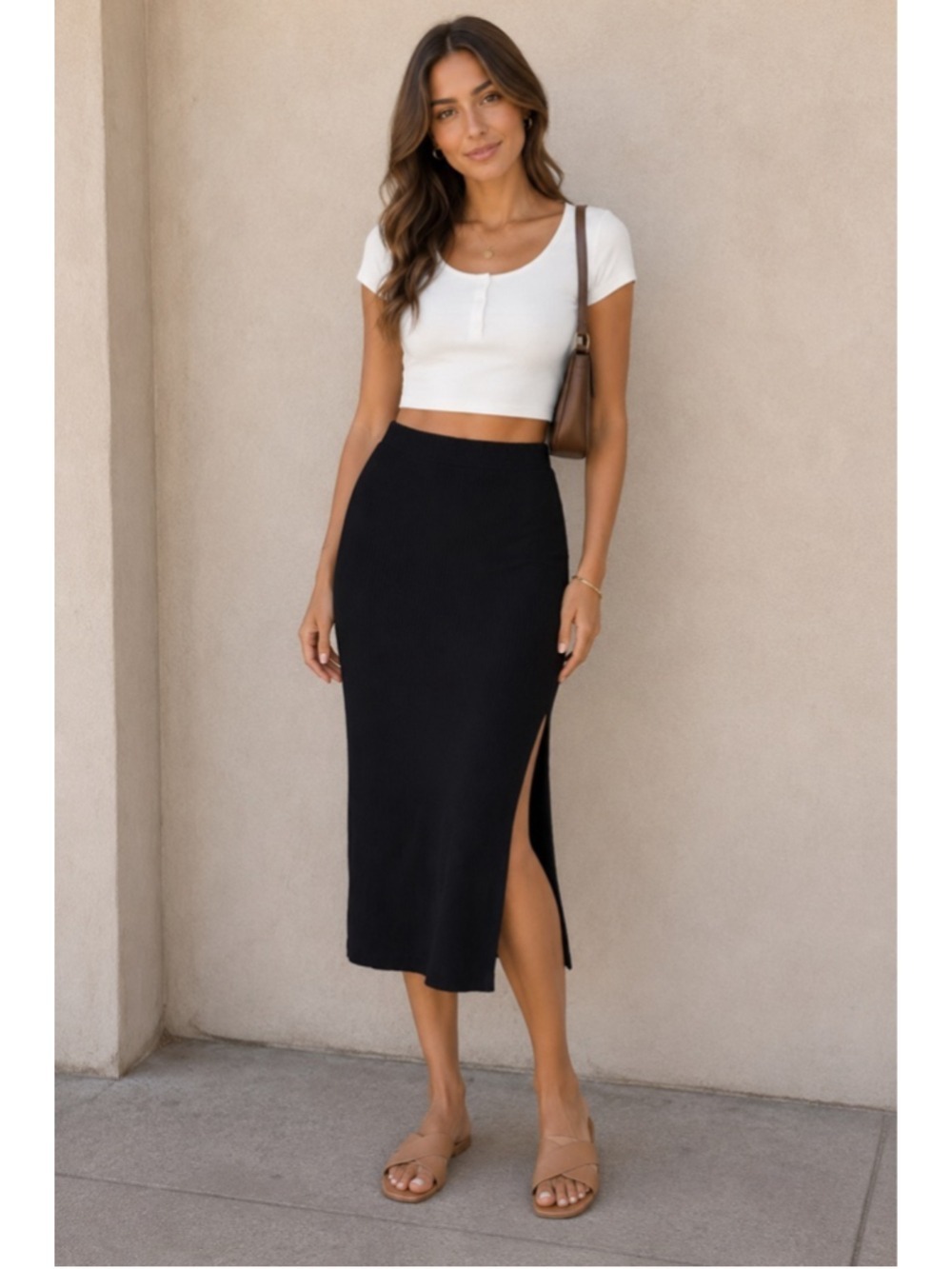 Women's Stillwater Black Ribbed Midi Skirt with Slit S